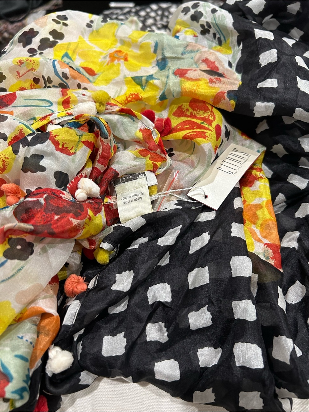 silk Desigual Multicolor Pom-Pom Floral Scarf with Black Accents